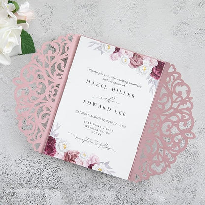 20Pcs Dusty Rose Laser Cut Invitation Cards With Blank Inner Sheets for Wedding Cards Bridal Shower Engagement Quinceanera Invitation (No Envelopes)
