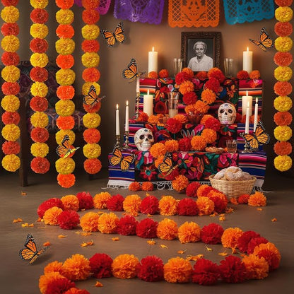 Marigold Garland for Decoration 5 Packs × 5ft Artificial Marigold Garlands Vibrant Orange Yellow Faux Flowers Includes 10 Butterfly Accents for Diwali Pooja Wedding Indian Decor