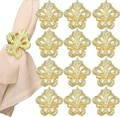 Lightweight Metal Napkin Rings Set of 12 - Fleur-de-Lis Napkin Holders for Dining Table, Weddings, and Special Events - Elegant Table Décor for Home & Restaurants (Gold) - CLEENTABLE
