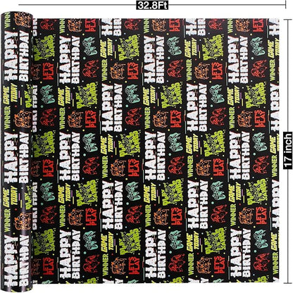 Aimyoo Gaming Birthday Wrapping Paper Roll - 17 Inch X 32.8 Feet - Black Happy Birthday Video Game Pattern Gift Wrap Paper for Boys Party, Baby Shower, Holiday