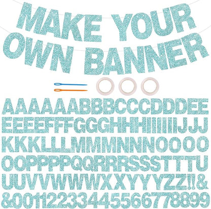 BEISHIDA 116 PCS Glitter Baby Blue DIY Letter Banner Kit Make Your Own Banner，Including 111 Letters and Numbers 3 Rope and 2 Threading Device,Customized for Birthday Graduation Wedding Party Decor