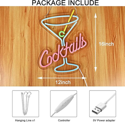 Cocktails Neon Sign for Wall Decor Man Cave Bar Home Art Neon Light LED Neon Lights Signs with Dimmer for Bedroom Office Hotel Pub Cafe Recreation Room Wall Artwork Sign Decor(15X13inches)