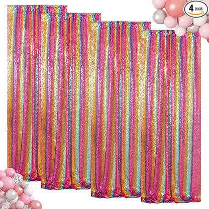 ShinyBeauty 4Pcs 2FTx8FT Rainbow Sequin Backdrop Curtains - Sparkly Photo Background for Parties, Weddings, Baby Showers, and Events - Durable and No-Drop Sequins Photograpahy Backdrops