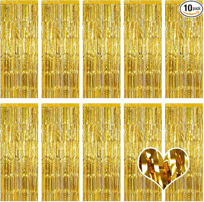 10 Pack Gold Backdrop Curtain 3.2ft x 8.2ft Metallic Tinsel Foil Fringe Curtains Photo Booth Background for Birthday Party Decoration Baby Shower Engagement Wedding Christmas Decoration (Gold)