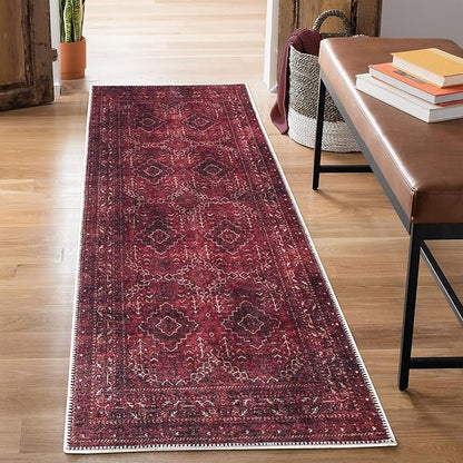 Bloom Rugs Washable Non-Slip 10 ft Runner - Dark Red Traditional Bordered Runner for Entryway, Hallway, Bathroom, and Kitchen - Exact Size: 2.5' x 10'