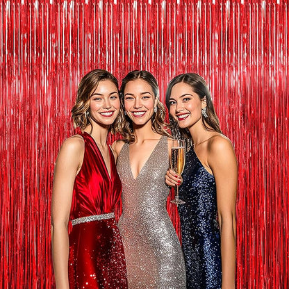 BTSD-home 10 Pack Red Foil Fringe Curtain, Metallic Photo Booth Backdrop Tinsel Door Curtains for Wedding Birthday Bridal Shower Valentine Bachelorette Christmas Party Decorations(8ft x 3ft)