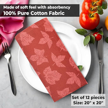 Urban Villa Fall Leaves Print Set of 12 Dinner Napkins (20X20 Inches) 100% Cotton Premium Quality Thanks Giving Over Sized Harvest Cloth Napkins with Mitered Corners Ultra Soft Durable Hotel Quality