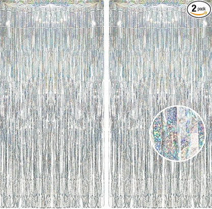BRAVESHINE Silver Streamers Party Backdrop Decorations - 2Pcs 3.2x8.2ft Tinsel Foil Fringe Curtain Backdrop for Christmas/New Years/Birthdays/Bachelorette/Anniversary/Engagement/Dancing Ball Decor