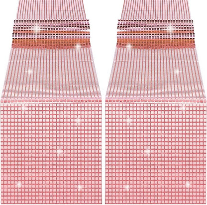 Durony 2 Pack Disco Table Runner 11 x 108 Inch Mirror Rose Gold Glitter Foil With Sparkle Sequin for Bachelorette, 70s, Cowgirl Party Decorations