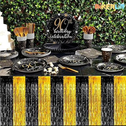 6 Pack 29x108 Inch Black Gold Metallic Foil Fringe Tinsel Table Skirts for Rectangle Tables Streamer Curtains Backdrop for Wedding, Parade Floats, Valentine's Day Birthday Graduation Party Decoration