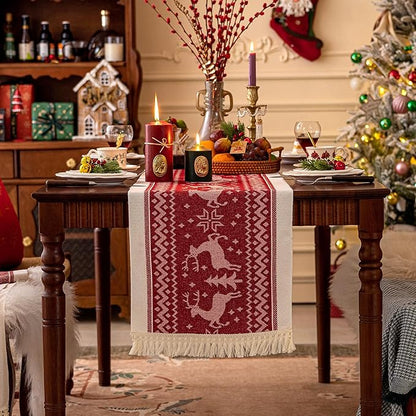 Table Runners 48 Inches,Elk Table Runner with Tassel Fringe,Christmas Table Runner for Party，Coffee Table, Festival