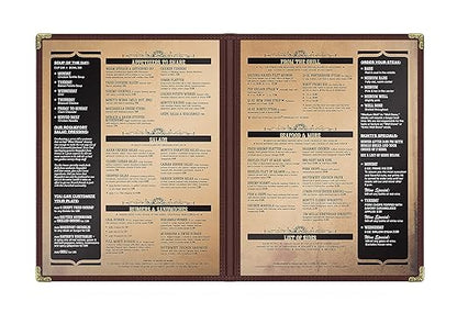 Goodsmart Restaurant Menu Covers - 25 Pack Brown 8.5" x 11", 2-Page/4-View, Side-Loading Vinyl Menu Holders, Clear Sleeves, Double-Stitched Edge, Leather-Style Café Menu Covers with Gold Corners
