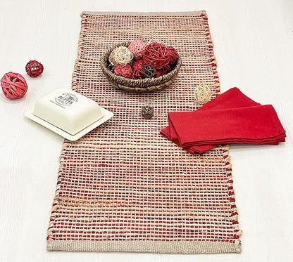 Chardin home Natural Jute Table Runner 13x36 Inch – Vintage Boho Rustic Table Decor – Handwoven Table Runner in Natural Jute and Red – Farmhouse Dining or Console Table Accent