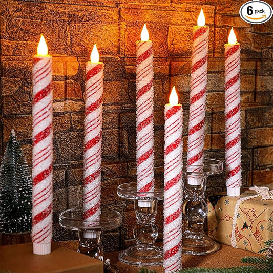 Baquler 6 Pcs Christmas Flameless Taper Candles 10.6 Inch Sea Salt Candy Cane Candles Battery Operated LED Christmas Candlesticks for Xmas Centerpiece Holiday Party Decor