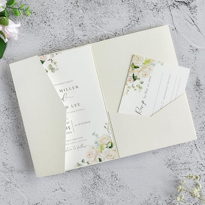 20 PCS Ivory Tri-fold Laser Cut Wedding Invitation Pockets for 5x7 Wedding Cards Bridal Shower Engagement Quinceanera Invitation