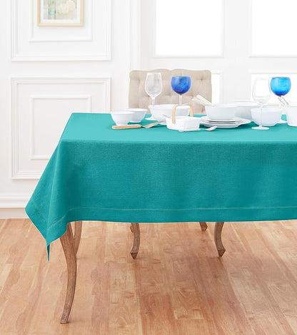 Solino Home Linen Square Tablecloth 52 x 52 Inch - 100% Pure Linen Teal Table Throw - Classic Hemstitch, Machine Washable Table Cloth for Fall, Autumn, Thanksgiving, Christmas