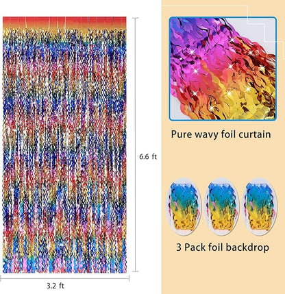 3 Pack Colorful Foil Fringe Curtain Backdrop - 6.6 x 3.3 ft Wavy Rainbow Tinsel Backdrop Curtain Metallic Streamers Iridescent Holiday Photo Booth Party Decorations