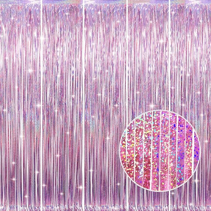 GOER 3.2 ft x 8.2 ft Metallic Tinsel Foil Fringe Curtains Party Photo Backdrop Party Streamers for Birthday,Graduation,New Year Eve Decorations Wedding Decor(5 Packs,Laser Pink)