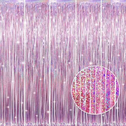 GOER 3.2 ft x 8.2 ft Metallic Tinsel Foil Fringe Curtains Party Photo Backdrop Party Streamers for Birthday,Graduation,New Year Eve Decorations Wedding Decor(5 Packs,Laser Pink)