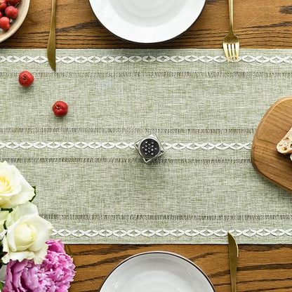 Artoid Mode Sage Green Rustic Cotton Linen Table Runner, Seasonal Embroidered Hollow Kitchen Dining Table Decoration for Home Party Decor 13x90 Inch