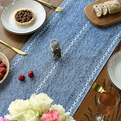 Artoid Mode Blue Rustic Cotton Linen Table Runner, Seasonal Embroidered Hollow Kitchen Dining Table Decoration for Home Party Decor 13x108 Inch