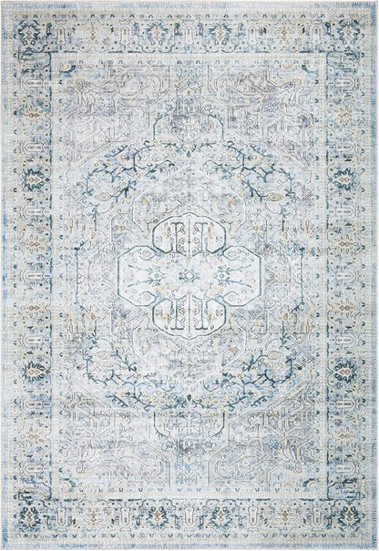 Bloom Rugs Washable Non-Slip 4' x 6' Rug - Cream/Light Blue/Teal Traditional Medallion Area Rug for Living Room, Bedroom, Dining Room, and Kitchen - Exact Size: 4' x 6'