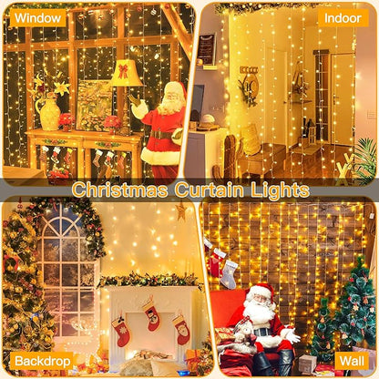 Ollny Curtain Lights 6.6x6.6ft, 200 LED String Lights with Remote 8 Modes Dimmable Timer, USB Power Fairy Light for Bedroom Backdrop Indoor Wall Window Wedding Decor, Warm White