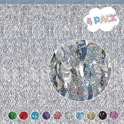 4 Pack Silver Tinsel Backdrop - CYLMFC 3.3 ft x 6.6 ft Streamer Metallic Tinsel Foil Fringe Curtains Photo Booth Props Wall Curtains for Bachelorette Birthday Party Decor