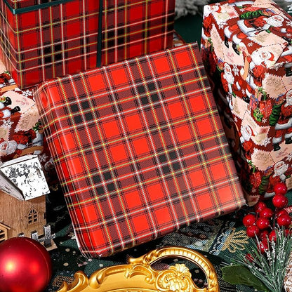 Ulmasinn Reversible Christmas Wrapping Paper Roll - 17" x33ft Double-Sided Designs with Santa and postcard & Plaid for Xmas Gift Wrap for Presents, Table Decor & Crafting