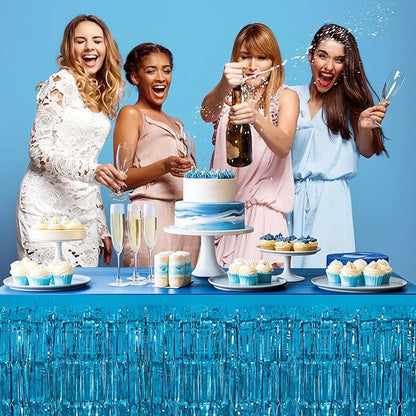 1 Pack Lake Blue Table Skirts, 29x108" Metallic Foil Tinsel Fringe Table Skirts for Rectangle Tables Streamer Curtains Backdrop, Party Decorations for Birthdays Weddings Holidays
