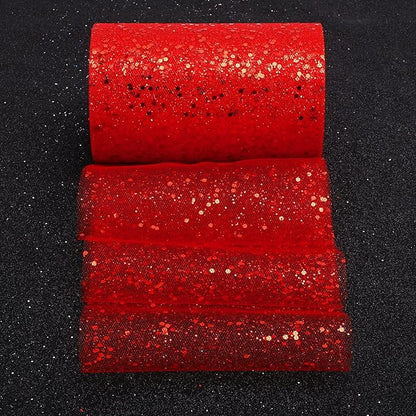 Glitter Tulle Rolls, 6” by 50 Yards (150FT) Sparkling Tulle Spool Ribbon Sequin Tulle Netting Fabric for Tutu Skirt Wedding Birthday Baby Shower (Red)
