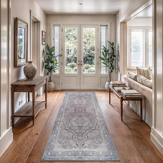 Bloom Rugs Washable Non-Slip 10 ft Runner - Blue/Steel Gray/Beige Traditional Medallion Runner for Entryway, Hallway, Bathroom, and Kitchen - Exact Size: 2.5' x 10'