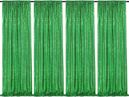 Green Sequin Backdrop 4 Panels 2FTx8FT Wedding Photo Backdrop Glitter Birthday Party Decorations Sparkle Background Drapes