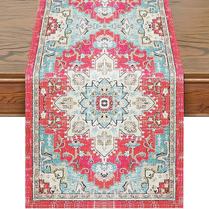 Snycler Table Runner Boho Table Runners Vintage Elegant Farmhouse Table Center Linen Decor for Home Dining Party Entrance (13x108 Inch) Boho-Pink
