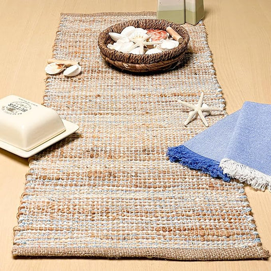 Chardin home Natural Jute Table Runner 13x36 Inch – Vintage Boho Rustic Table Decor – Handwoven Table Runner in Natural Jute and Sky Blue-White – Farmhouse Dining or Console Table Accent