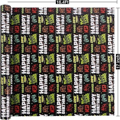 Aimyoo Gaming Birthday Wrapping Paper Roll - 17 Inch X 16.4 Feet - Black Happy Birthday Video Game Pattern Gift Wrap Paper for Boys Party, Baby Shower, Holiday