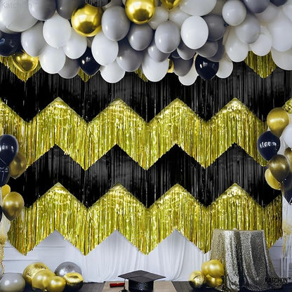KatchOn, Black and Gold Fringe Backdrop Curtain - XtraLarge 6.6x1.7 Feet, Pack of 6 | Graduation Backdrop for Graduation Decorations 2025 | Fringe Curtain for Birthday Decorations | Prom Decorations