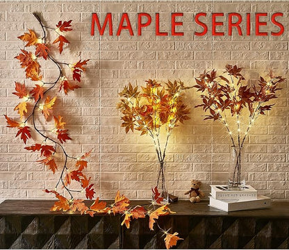 Fudios Lighted Maple Leaf Garland with Timer 24 Warm White LED 6FT for Fall Thanksgiving Decor, Artificial Garland with Lights Battery Operated Harvest Christmas Decoration Indoor Outdoor