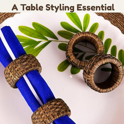 Decorative Cane Napkin Rings Set of 12 - Hand Woven Napkin Holders for Farmhouse, Rustic, Holiday, Wedding, Easter, Thanksgiving, Xmas, Boho & Fall Table Décor (Walnut) - CLEENTABLE