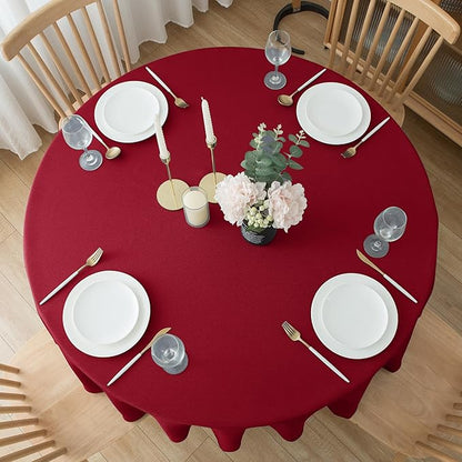 Biscaynebay Textured Fabric Round Christmas Table Cloths 108", Red Water Resistant Folding Table Covers for Dining, Kitchen, Wedding and Parties etc. Machine Washable
