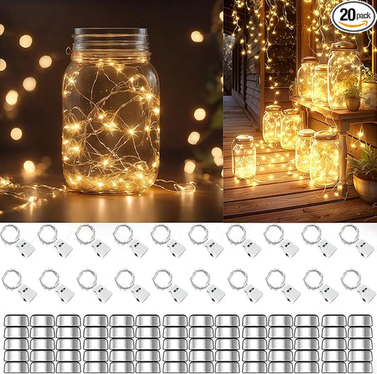 20 Pack Fairy Lights Battery Operated 60 Extra Batteries, 3 Modes 6.5ft 20 LED Mini String Lights, Waterproof Silver Wire Firefly Starry Lights for DIY Wedding Christmas Party, Warm White