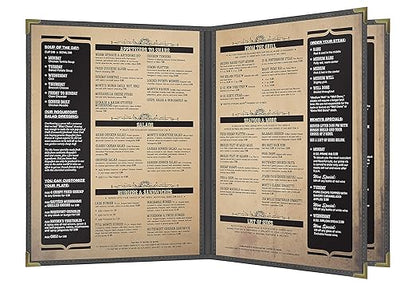 Goodsmart Pajco Style Restaurant Menu Covers – Pack of 10, Side-Loading Booklet Menu Holders, Single Stitched Edge, Clear Vinyl Menu Sleeves, Leatherette Trim, Gold Corners, Black, 4 View (8.5" x 11")