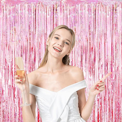 2 Pack 3.3x8.2 Feet Laser Pink Foil Fringe Backdrop Curtains, Tinsel Streamers Birthday Party Decorations, Fringe Backdrop for Graduation, Baby Shower, Gender Reveal, Disco Party
