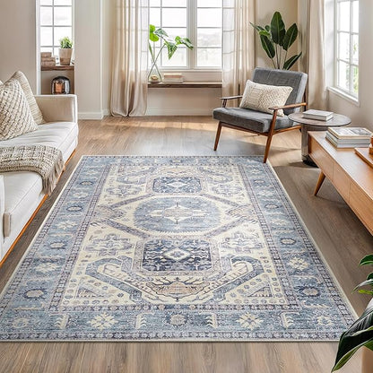 Bloom Rugs Washable Non-Slip 5' x 7' Rug - Blue/Beige Traditional Oriental Area Rug for Living Room, Bedroom, Dining Room, and Kitchen - Exact Size: 5' x 7'