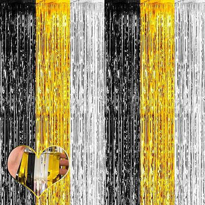 4 Pack 3.2Ft x 6.6Ft Black Gold Silver Fringe Curtain Backdrop, Metallic Tinsel Foil Fringe Streamers Curtains Background for Wedding Notorious One Birthday Roaring 20s Graduation Party Decoration