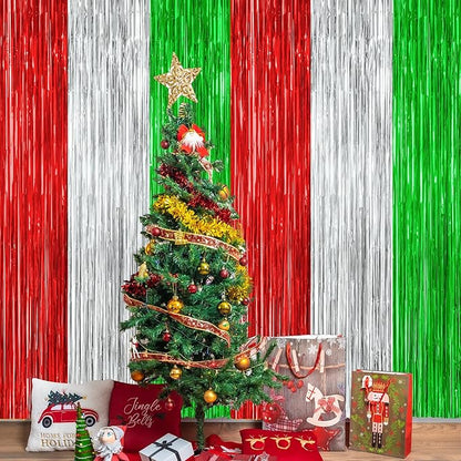 12 Pack Christmas Party Backdrop, 3.28 FT x 7.05 FT Red Silver Green Foil Streamer, Metallic Fringe Curtains Tinsel Streamer, Hanging Christmas Decorations Picture Props Door Decor