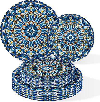 100 Count Boho Paper Plates (50×7"+ 50×9") – Disposable Plates for Party, Retro Bohemian Style Dessert Dinner Plate Set for Daily Use, Holiday, Wedding, Events