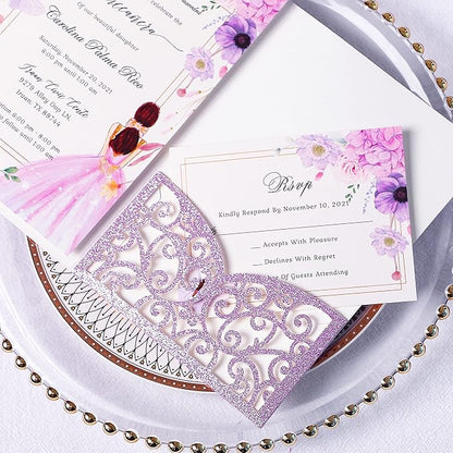 PONATIA 20 PCS Laser Cut Wedding Invitations Pockets with Envelopes for Wedding Party Bridal Shower Engagement Birthday Invite (Purple Glitter)
