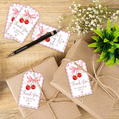 Cherry Gift Tags, 2x3.5 Inch Pink Bow Gift Tags, 50Pcs Thank You for Celebrating with Us Label, Paper Personalized Design Labels for Wrapping Party Favor-A12