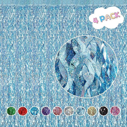 4 Pack Light Blue Party Foil Curtain - CYLMFC 3.3 ft x 6.6 ft Wavy Photo Booth Backdrop Metallic Tinsel Foil Fringe Curtains Environmental Background for Birthday Wedding Party Christmas Decorations